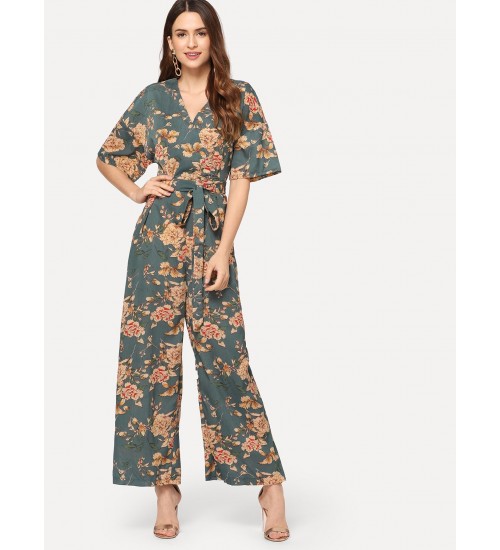 Zip Back Belted Floral Jumpsuit