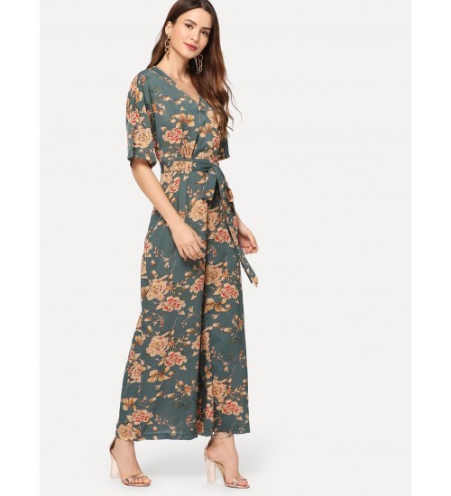 Zip Back Belted Floral Jumpsuit