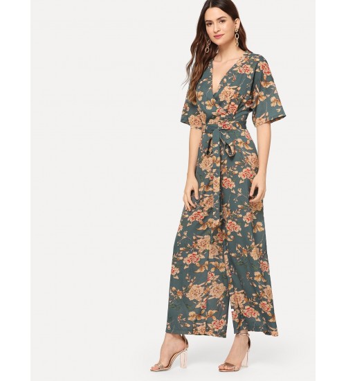 Zip Back Belted Floral Jumpsuit