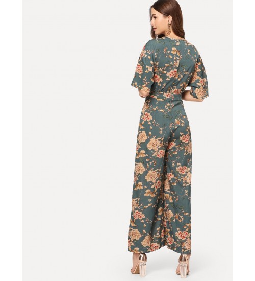 Zip Back Belted Floral Jumpsuit