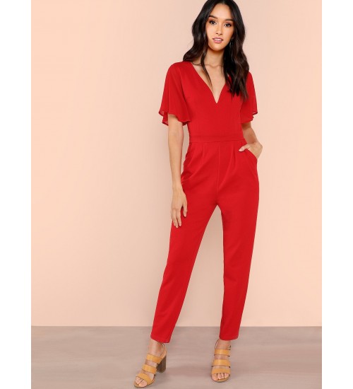 Slant Pocket Pleated Flutter Sleeve Jumpsuit