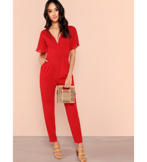 Slant Pocket Pleated Flutter Sleeve Jumpsuit