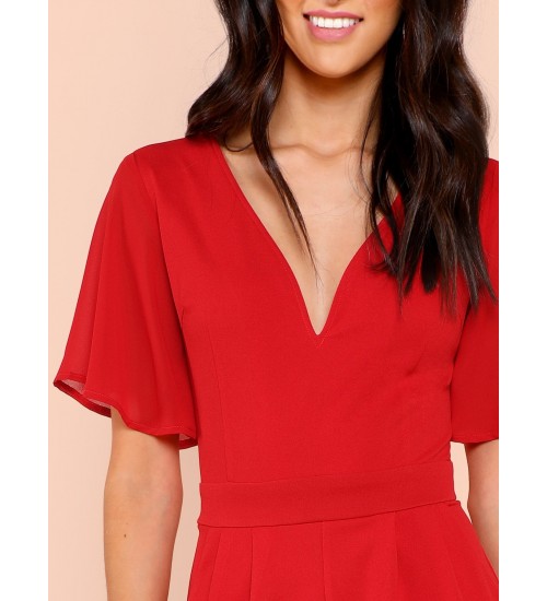 Slant Pocket Pleated Flutter Sleeve Jumpsuit