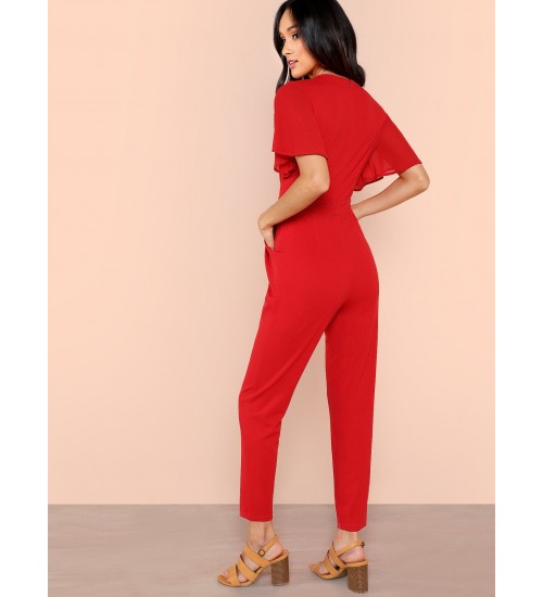 Slant Pocket Pleated Flutter Sleeve Jumpsuit