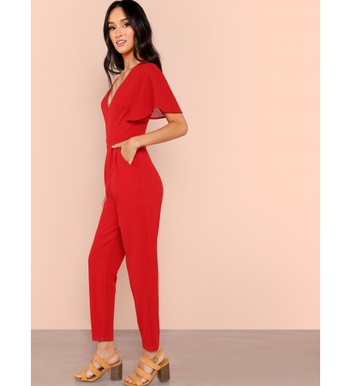 Slant Pocket Pleated Flutter Sleeve Jumpsuit