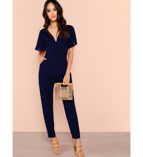 Flutter Sleeve Solid Plunging Jumpsuit