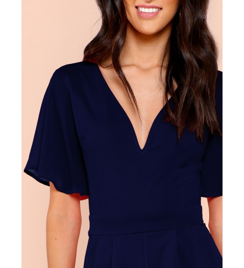 Flutter Sleeve Solid Plunging Jumpsuit