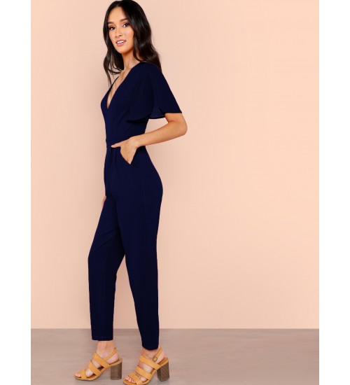 Flutter Sleeve Solid Plunging Jumpsuit