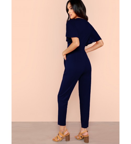 Flutter Sleeve Solid Plunging Jumpsuit