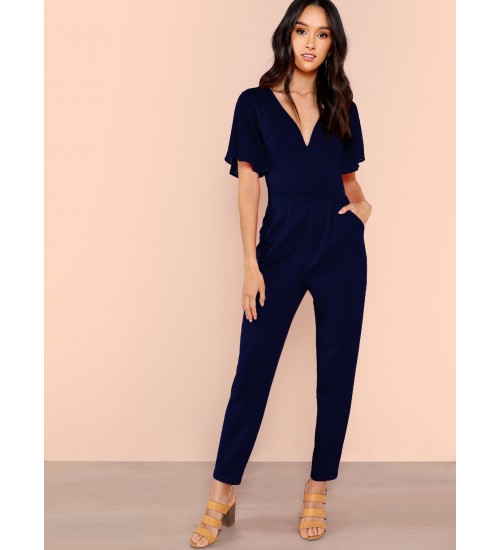 Flutter Sleeve Solid Plunging Jumpsuit