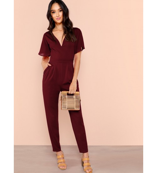 Plunge Neck Flutter Sleeve Pleated Peg Jumpsuit