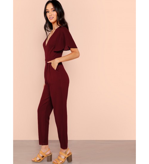 Plunge Neck Flutter Sleeve Pleated Peg Jumpsuit