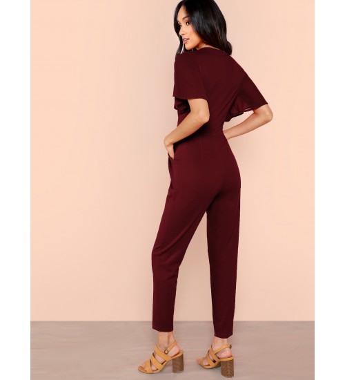 Plunge Neck Flutter Sleeve Pleated Peg Jumpsuit