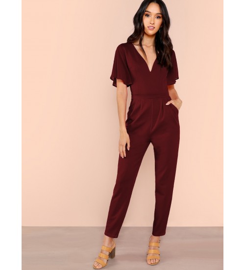 Plunge Neck Flutter Sleeve Pleated Peg Jumpsuit