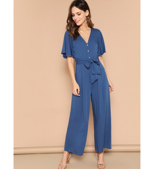 Button Front Flutter Sleeve Belted Palazzo Jumpsuit