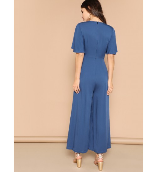 Button Front Flutter Sleeve Belted Palazzo Jumpsuit