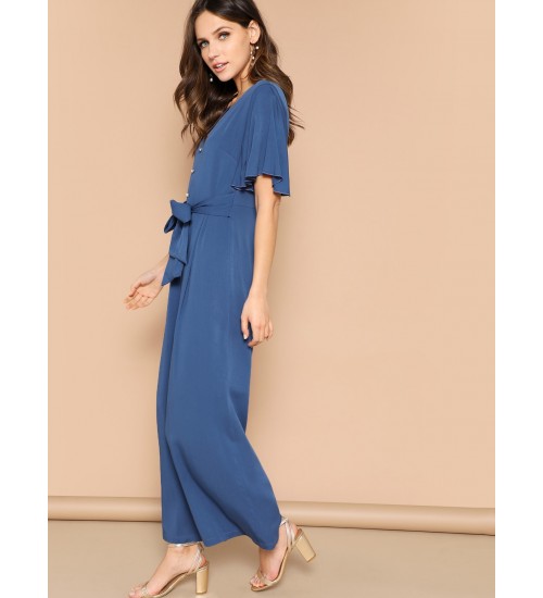 Button Front Flutter Sleeve Belted Palazzo Jumpsuit