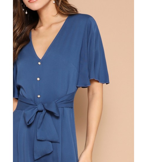 Button Front Flutter Sleeve Belted Palazzo Jumpsuit