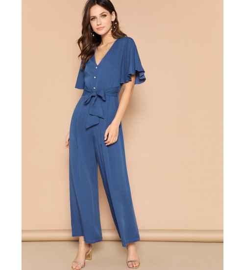 Button Front Flutter Sleeve Belted Palazzo Jumpsuit