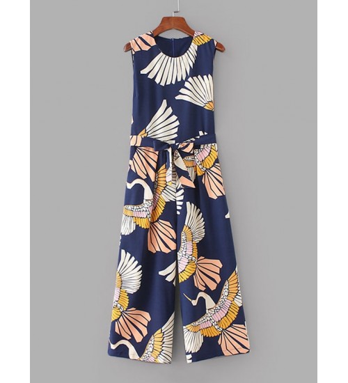 Cranes Print Belted Wide Leg Jumpsuit