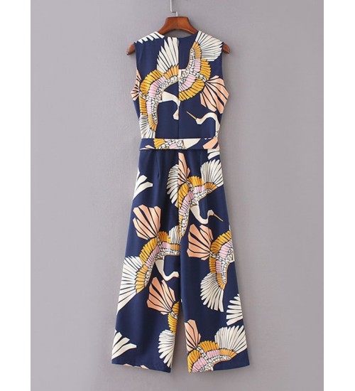 Cranes Print Belted Wide Leg Jumpsuit