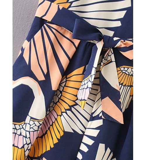 Cranes Print Belted Wide Leg Jumpsuit