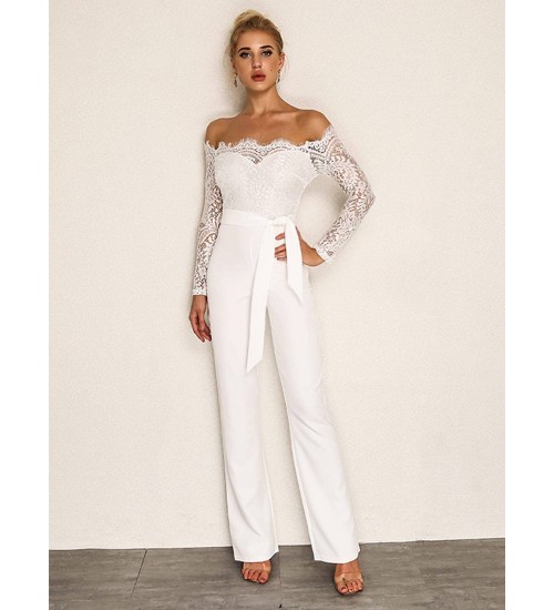 Joyfunear Eyelash Lace Overlay Self Belted Jumpsuit