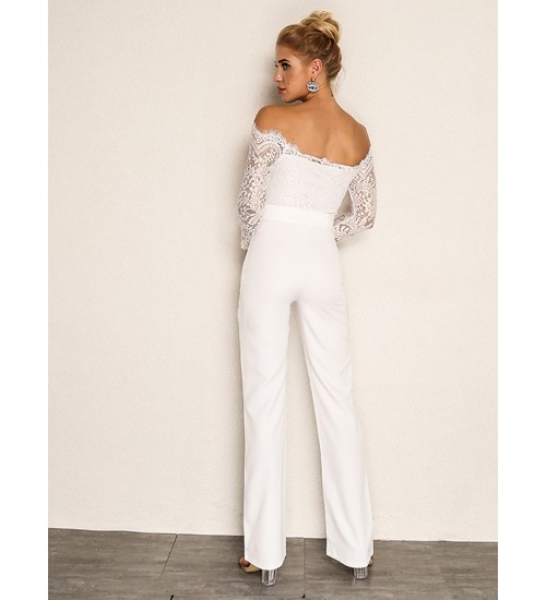 Joyfunear Eyelash Lace Overlay Self Belted Jumpsuit