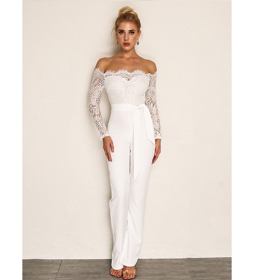 Joyfunear Eyelash Lace Overlay Self Belted Jumpsuit