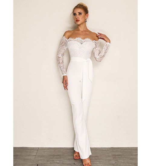 Joyfunear Eyelash Lace Overlay Self Belted Jumpsuit