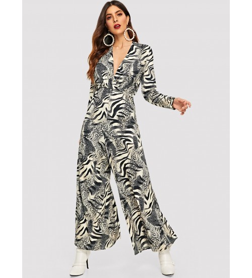 Animal Print V Neck Wide Leg Jumpsuit