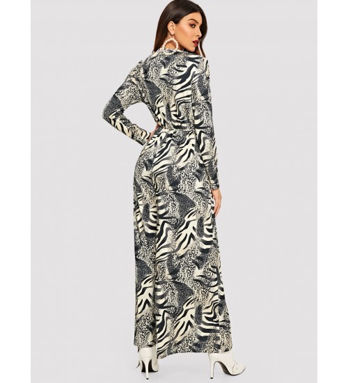 Animal Print V Neck Wide Leg Jumpsuit