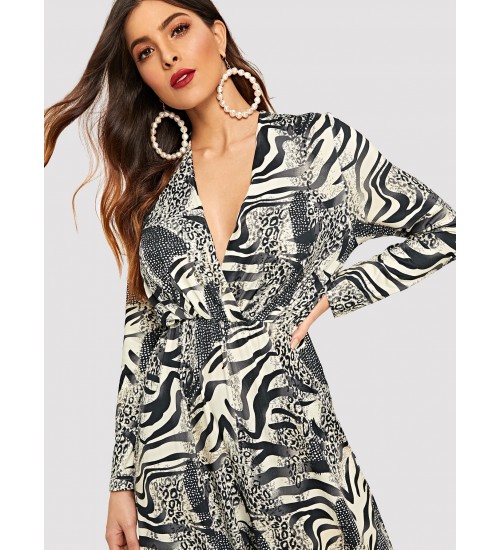 Animal Print V Neck Wide Leg Jumpsuit