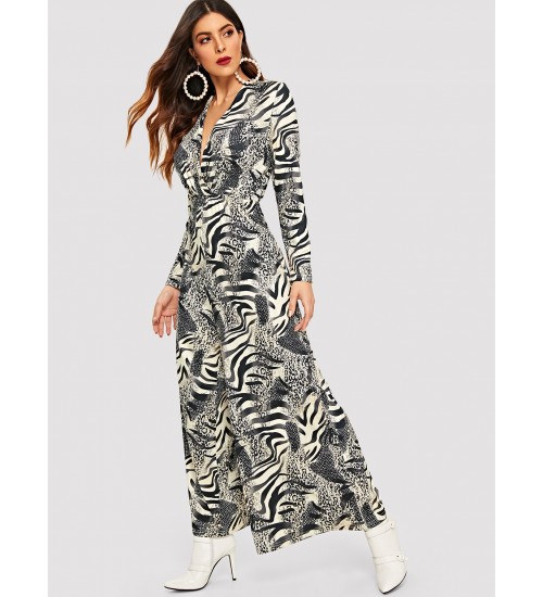 Animal Print V Neck Wide Leg Jumpsuit