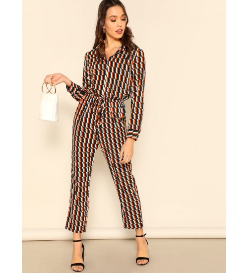 Drawstring Waist Geo Print Shirt Jumpsuit