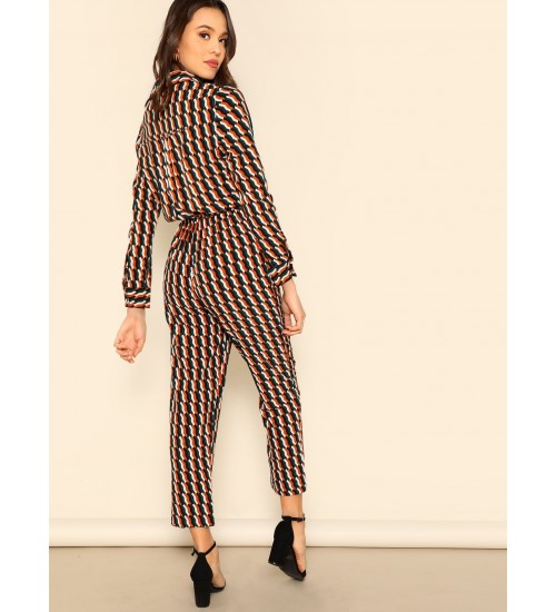 Drawstring Waist Geo Print Shirt Jumpsuit