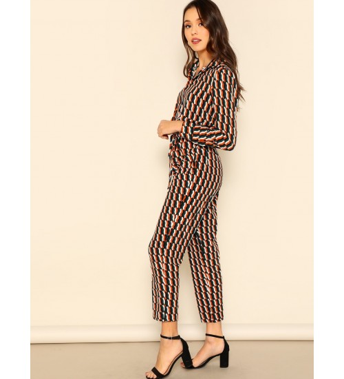 Drawstring Waist Geo Print Shirt Jumpsuit