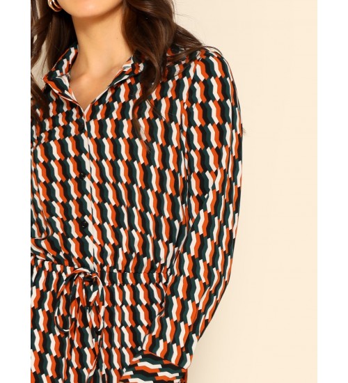 Drawstring Waist Geo Print Shirt Jumpsuit