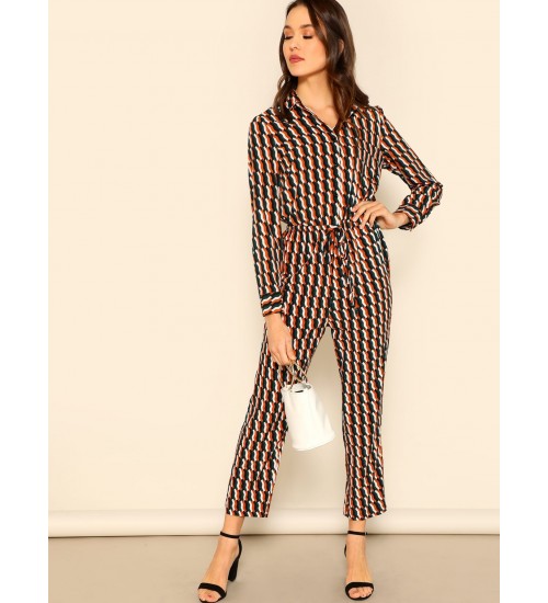 Drawstring Waist Geo Print Shirt Jumpsuit