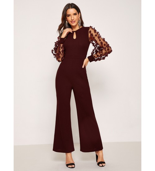 Keyhole Front Flower Applique Mesh Sleeve Flared Jumpsuit