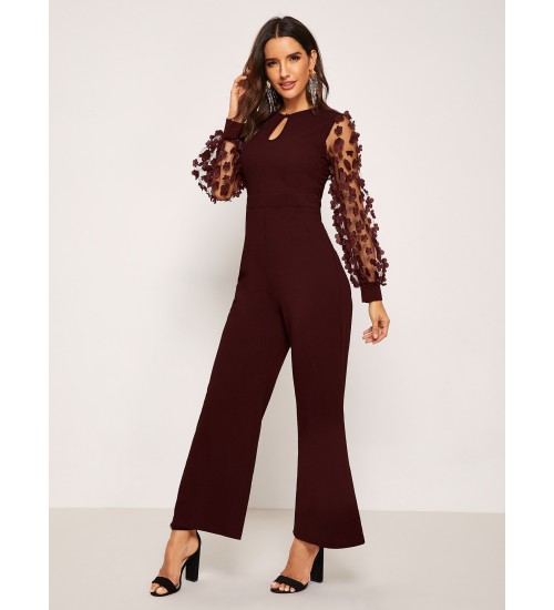 Keyhole Front Flower Applique Mesh Sleeve Flared Jumpsuit