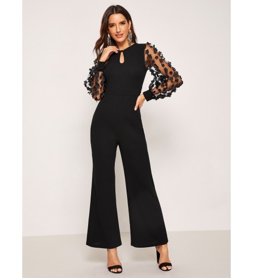 3D Applique Sheer Sleeve Keyhole Front Jumpsuit