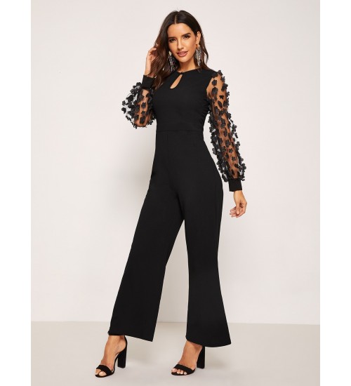 3D Applique Sheer Sleeve Keyhole Front Jumpsuit