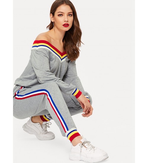 Waist Drawstring Rainbow Striped Bardot Jumpsuit