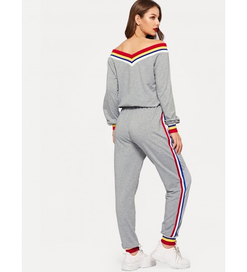 Waist Drawstring Rainbow Striped Bardot Jumpsuit