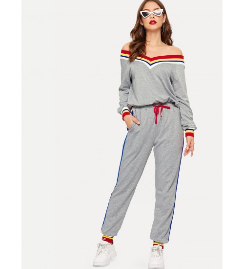 Waist Drawstring Rainbow Striped Bardot Jumpsuit