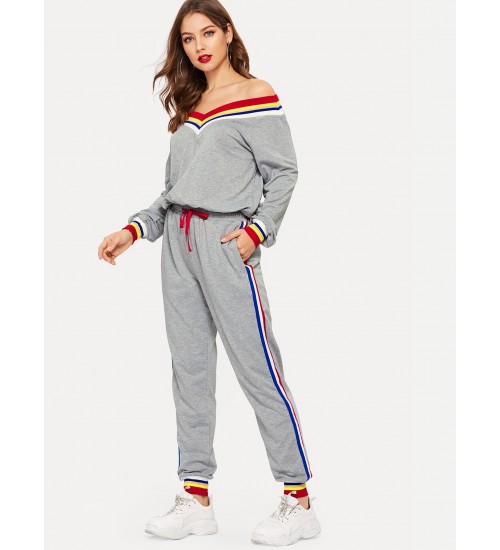 Waist Drawstring Rainbow Striped Bardot Jumpsuit