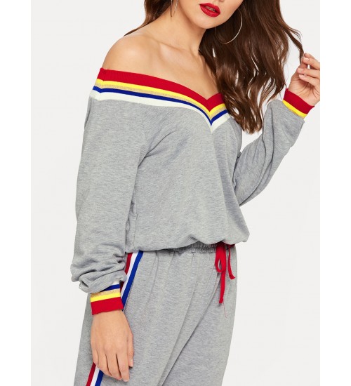 Waist Drawstring Rainbow Striped Bardot Jumpsuit