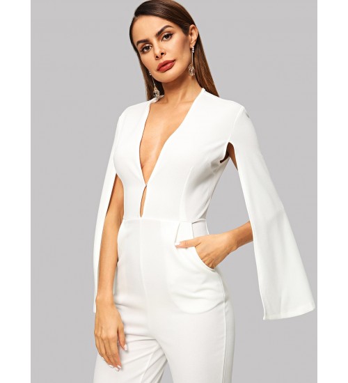 Plunging Neck Cloak Sleeve Jumpsuit