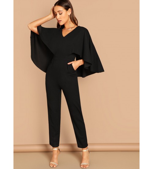 V-Neck Solid Cape Jumpsuit